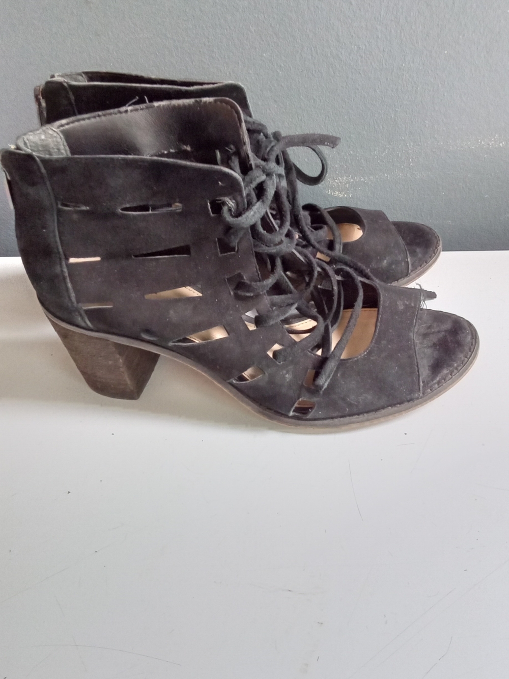 Black‎ Lace Up Cage Sandals Faux Suede Block Heel Gladiator Peep Toe Booties